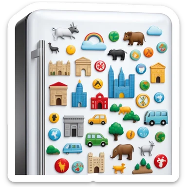 Icon for Magnet Collecting: a close-up of a fridge door covered with a variety of magnets, featuring cities, animals, symbols. The icon should highlight the diversity and charm of magnet collections. Transparent background. sticker