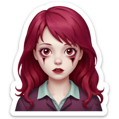Uma zumbi garota com cabelo vermelho vinho ondulado e grande e franja grande reta sticker