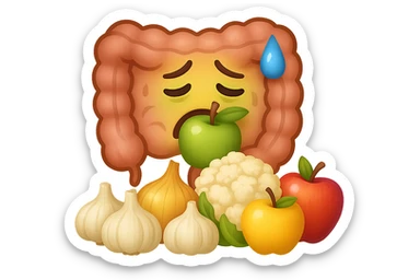 EMOJI STILE IPHONE DI UN INTESTINO UMANO IN CRISI PERCHé STA MALE, IN BOCCA HA UNA MELA E DAVANTI A LUI C'è UNA MONTAGNA DI aglio, cipolle, cavolfiore e mele sticker