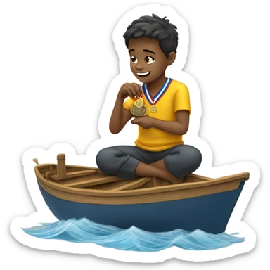 boy puts medal on his sailing boat sticker
