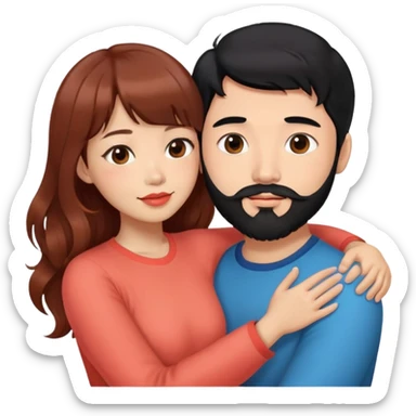 handsome asian man with black hair and beard, hugging cute woman with light tan skin and long wavy reddish brown hair with bangs and coral lipstick sticker