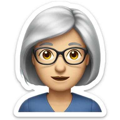 Grey long bob haired lady aged 55 76 kg brown eyes blue square glasses sticker