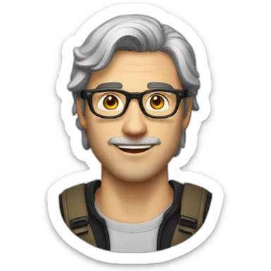 a white man with a light stubble and long black silverish hair and golden rimmed round glasses sticker