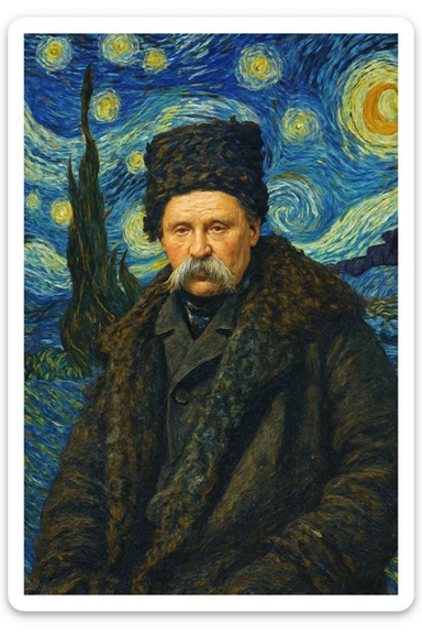 Insert the character from the provided image into Van Gogh's 'Starry Night' painting. Blend the character seamlessly into the surreal landscape, preserving the swirling impressionist style, dynamic brushstrokes, and oil painting effect of the original artwork. sticker