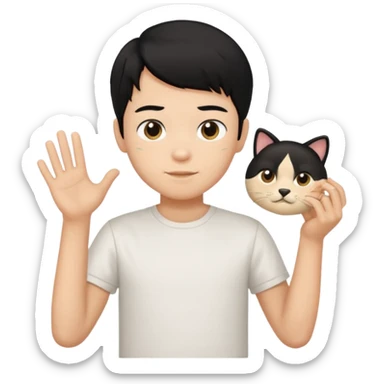 generate a pretty bratz emoji of a boy with black hair wearing a white tshirt and holding a cTCAT sticker