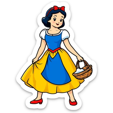 Snow White standing gracefully in a lush forest, surrounded by the Seven Dwarfs sticker