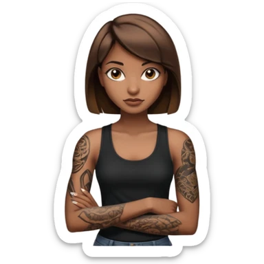 Femme brune yeux marron avec une coupe carré noir qui descend sur l'épaule , femme couleur de peau typé, avec un cobra a côté , débardeur noir , avec un tatouage sur le bras droit sticker