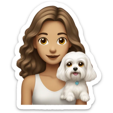 A girl with long wavy brown hair and brown eyes holds a small maltese white dog. sticker