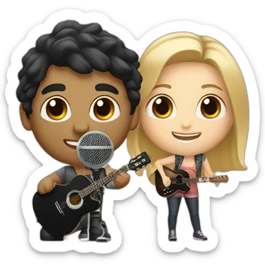 Blonde Caucasian boy with black guitar and a Caucasian girl with dark hair with a microphone sticker