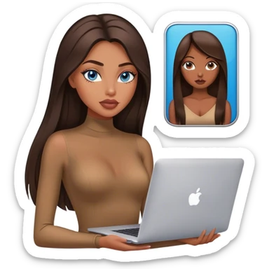 Glamours tanned very beautiful girl with big pump peach lips and dark chocolate straight smooth long hair, blue eyes in brown/beige bodysuit with MacBook sticker