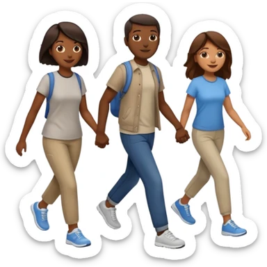 iOS emoji style - a dark men and 2 brown women in casual clothes and wearing trainers. Walking in the same direction quickly together. 
Not holding hands. No backpacks. 
 sticker