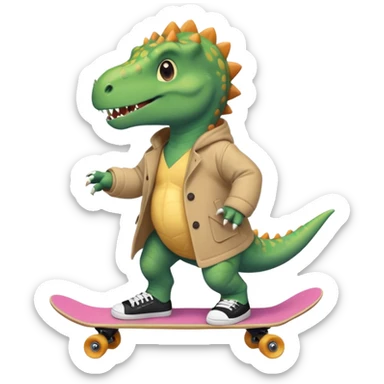 a dinosaur on a skateboard wearing a coat with sneakers in the bottom a cute pokie hairball on the top sticker