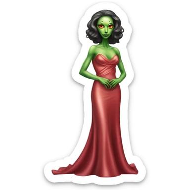 reptilian green alien woman, in long slim pastel red formal party satin dress with gradient shiny sparkling dark red, full figure, full body sticker