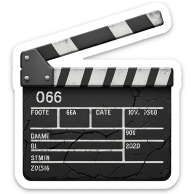 Minimalist emoji-style sticker of a cracked movie clapperboard with the date “06/06/66”, faint scorched marks, all in grayscale


 sticker