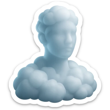 person looking straight, made entirely of white fluffy convex clouds, shoulder up, matte glass style, clouds with slight transparency, no background sticker