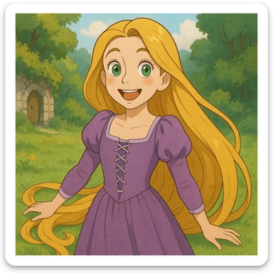 a girl with long golden hair inspired by Rapunzel, wearing a purple dress, cheerful expression, large green eyes, fair skin, whimsical fairytale style sticker