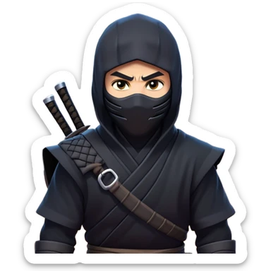 clash-of-clans-aesthetic_-cinematic-mysterious-male-ninja-portrait-emoji, rendered in a flat, vector-style with minimal shading and bold, simplified shapes, with a head slightly turned revealing intense, focused eyes, perched crouched next to an agile trained panther with glossy fur moving silently through shadowed urban rooftops and moonlit alleyways. sticker
