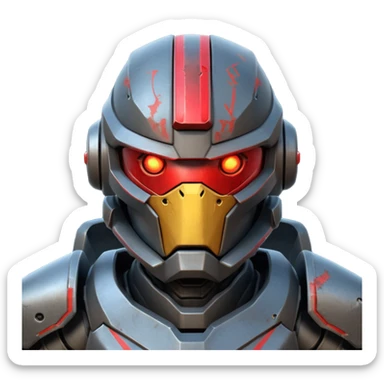 futuristic war robot portrait, head and shoulders only, aggressive design, sharp armor edges, glowing red eyes, battle-damaged helmet faceplate, heavy armor collar, intense dramatic lighting, sci-fi metal textures, 3D cartoon, mobile game icon style, clean background, no text, no watermark
 sticker