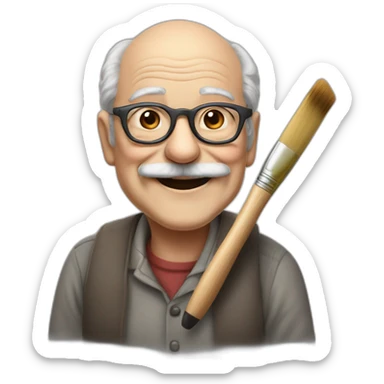 smiling old man who doesn't have much hair anymore, wearing a big gray horeshoe mustache and glasse. he is holding an artist's palette and a paintbrush sticker