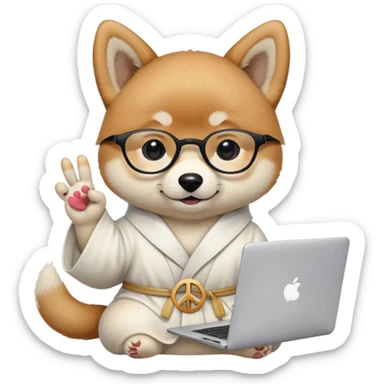 a Shiba Inu puppy wearing a white professor robe and glasses showing a piece sign with in one hand and holding a MacBook in another hand  sticker