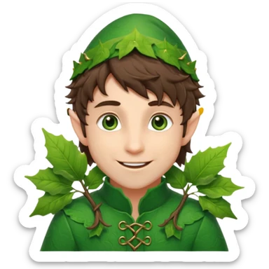 handsome elf with messy brunette hair wearing a leafy outfit and smile confidently sticker