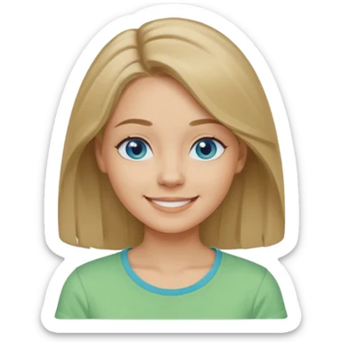 A woman with light skin, longer shoulder-length dark blonde hair, blue eyes, smiling face, wearing a pastel green t-shirt. The emoji should be in Apple-style, minimalistic, colorful, and round-faced. Show only the face or bust (not full body). sticker
