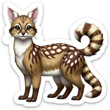 Colorful dark realistic chocolate-brown tropical beige fur glorious divine exotic cute cool beautiful shiny beautiful fantasy-Furret-Eevee-caracal-civet-genet-sergal-vernid-Cacomistle-oncilla-animal-Fakémon-hybrid-fursona with white deer-spots pattern markings (full body) sticker