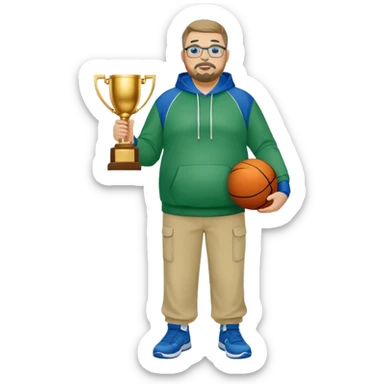 full body white obese male basketball coach with trophy. Goatee , Wearing glasses and blue and green hoodie and khaki pants sticker
