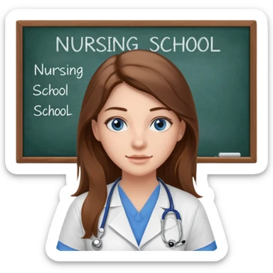 inside a classroom at university that says nursing school on the board with a pretty female nursing student with long brown hair, blue eyes sticker