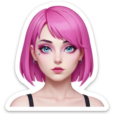 Vi from Arcane (Netflix Animation)

Face Shape: Strong, angular with high cheekbones and a defined jawline. Slightly pointed chin.
Skin Tone: Fair with a pinkish undertone.
Eyes: Large, almond-shaped, slightly downward-tilted, grey/light-blue.
Eyebrows: Thick, sharp, slightly arched, adding to her bold expression.
Nose: Small to medium with a slightly upturned tip.
Lips: Full but not overly plump, often pursed or smirking.
Hair: Vivid pink/magenta, left side shaved, right side with long, voluminous bangs partially covering her eye. The back is short and messy.
Other Features: Light freckles, a scar on her right eyebrow.
Expression: Intense and confident, often smirking or glaring.
Accessories: Small silver hoop earring in her left ear.
Tattoo: Roman numeral "VI" on her left cheekbone, below her eye. sticker