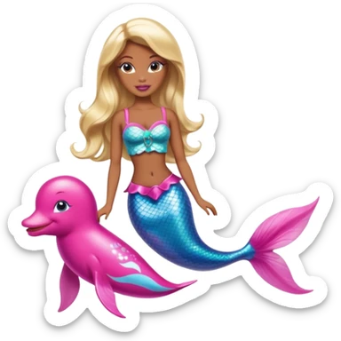 Brown skin blonde hair barbie mermaid with pink dolphin  sticker