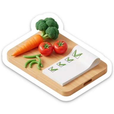 3D isometric illustration of a wooden cutting board with fresh vegetables (carrot, broccoli, tomato, peas), a paper grocery list with checkboxes, soft lighting, realistic textures, floating shadows, minimalistic style, dark background, modern food planning app aesthetic sticker