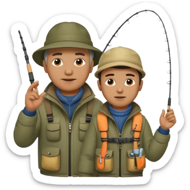 Father and son in fishing gear gesturing that they are cold sticker