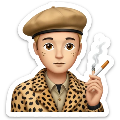 Create a man being sneaky with a beret and a cheetah print jacket and a cigarette  sticker
