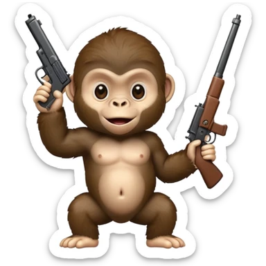 A baby gorilla holding a gun in the air sticker
