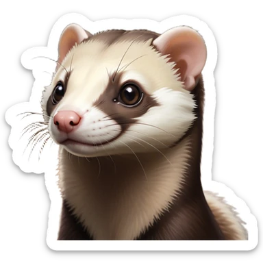 Cinematic Noble sable ferret Portrait Emoji, Poised and dignified, with a sleek, elongated body and a distinct sable ferret head featuring a pointed snout, small, rounded ears, and intelligent, beady eyes, covered in soft, sleek fur with natural brown and cream hues, Simplified yet sharp and sophisticated features, highly detailed, glowing with a warm, natural glow, high shine, exuding an air of quiet confidence, focused and watchful, soft glowing outline, capturing the essence of a clever and majestic sable ferret that feels as though it could leap from the screen with effortless grace! sticker