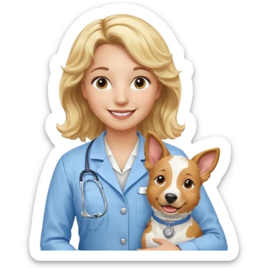 Joven mujer, de cabello bajo los hombros rubio con ondas, veterinaria de perros, vacas y caballos, con traje clínico celeste, sin delantal sticker