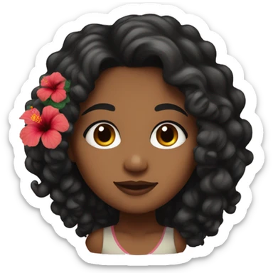 Brown girl with shoulder length thick curly black hair and hibiscus on left side sticker