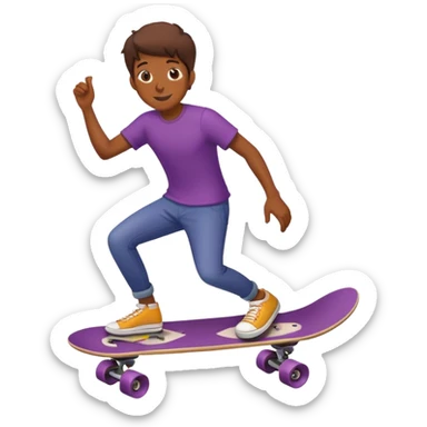 A dog riding a skateboard while holding a eggplant sticker