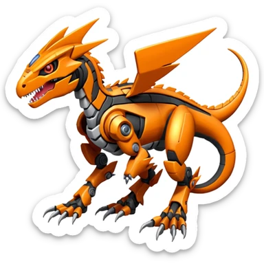 Cool Futuristic Black Orange Cyber-Digimon-Fakemon-Velociraptor-Guilmon-Guilmon-Wargreymon-Mecha-fusion (full body) sticker