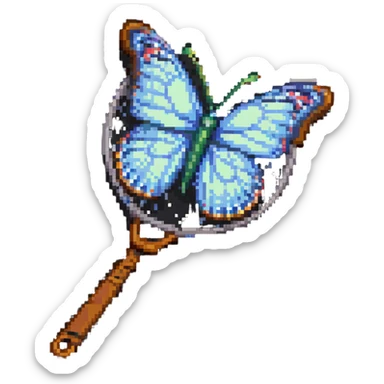 A colorful butterfly net with a wooden handle, badge style sticker