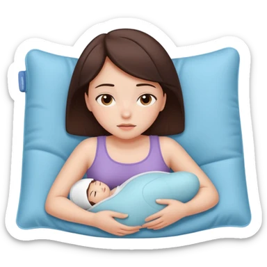  a brunette girl lying down on her side, holding a warm heating pad against her lower belly. She's uncomfortable and sad, her posture should show she’s having menstrual cramps. Use simple lines, rounded shapes, soft colors, and a clean emoji aesthetic. Make it expressive but still adorable sticker