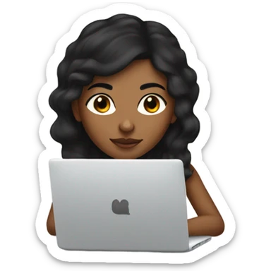 Brown girl with small black dot in between her eyebrows and long black hair typing on a laptop sticker