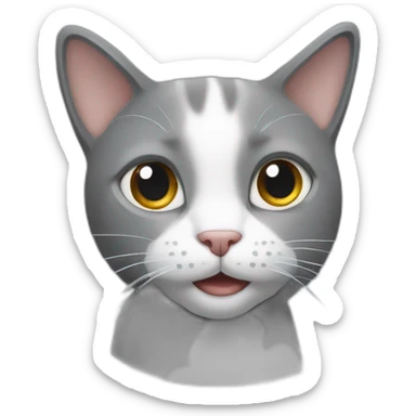 a grey cat with a white spot on its nose is playing sticker