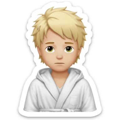 Create a blond boy with long, messy hair, light eyes, a white t-shirt, rich, with long hair, blue eyes, medium-length, voluminous hair, wearing a black Nike bathrobe and a little blush near his nose. sticker