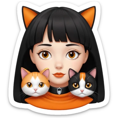 a girl with a short black curtain bangs hair and with her 2 cat color white black cat and orange white cat laying on her neck sticker