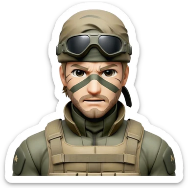 Cinematic Realistic Metal Gear Solid Snake Soldier Portrait, head tilted dramatically with an exaggeratedly amused expression, blending stealthy seriousness with a touch of unexpected humor. His rugged features, set against intricately detailed tactical gear in muted earth tones, are rendered with lifelike texture and dynamic lighting, high shine, dramatic yet whimsical, capturing the essence of a soldier whose epic covert skills are matched by a playful, irreverent spark. sticker