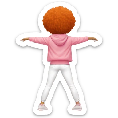 Tan girl with orange afro, in white pants, pink baggy jacket, doing split, rear view sticker