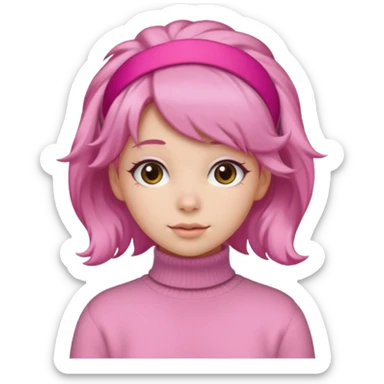 brown fluffy haired girl with pink turtleneck sweater and pink hair band sticker