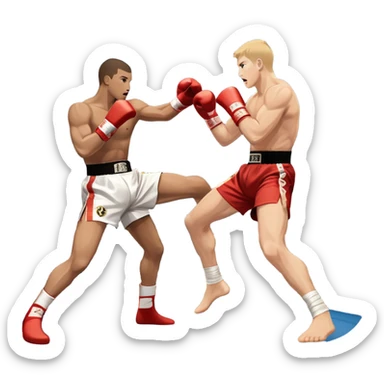 An icon symbolizing kickboxing, featuring two fighters in the midst of an intense match. One throws a powerful roundhouse kick, while the other counters with a punch. The background shows a ring, with ropes and a cheering crowd. Transparent background highlights the action and strength sticker